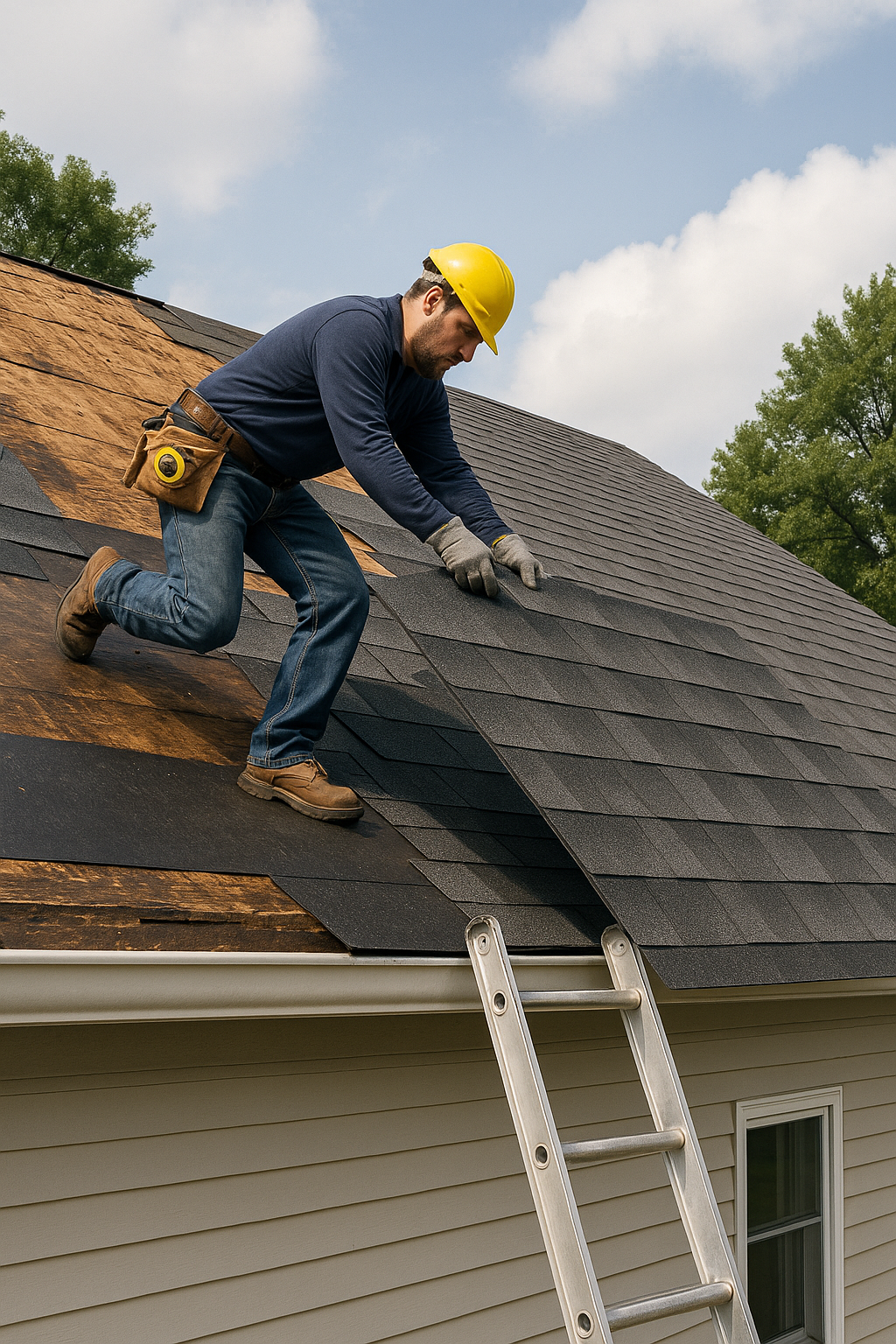Roofing contractor working on a house